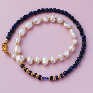 Dainty lapis lazuli and real pearl necklace, basic stack boho collar necklace